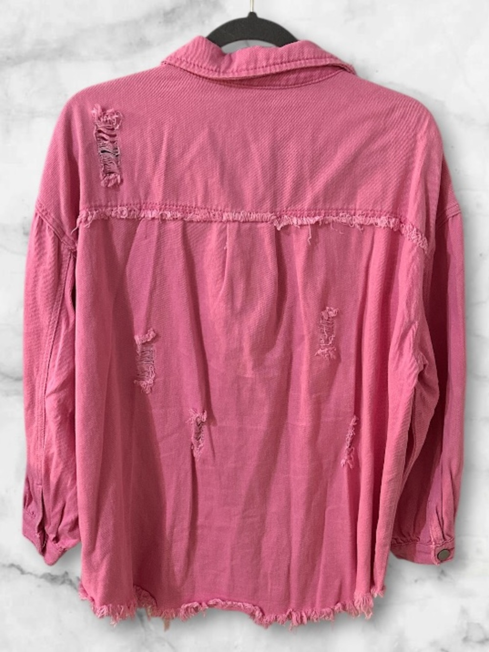 Pink ripped distressed denim casual boyfriend jean jacket fringe size X-Large - Picture 2 of 11